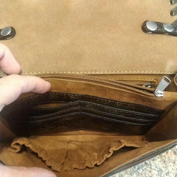 Patricia Nash tooled turquoise and brown Poppy Leather Crossbody Purse $250 EUC - Picture 5 of 12